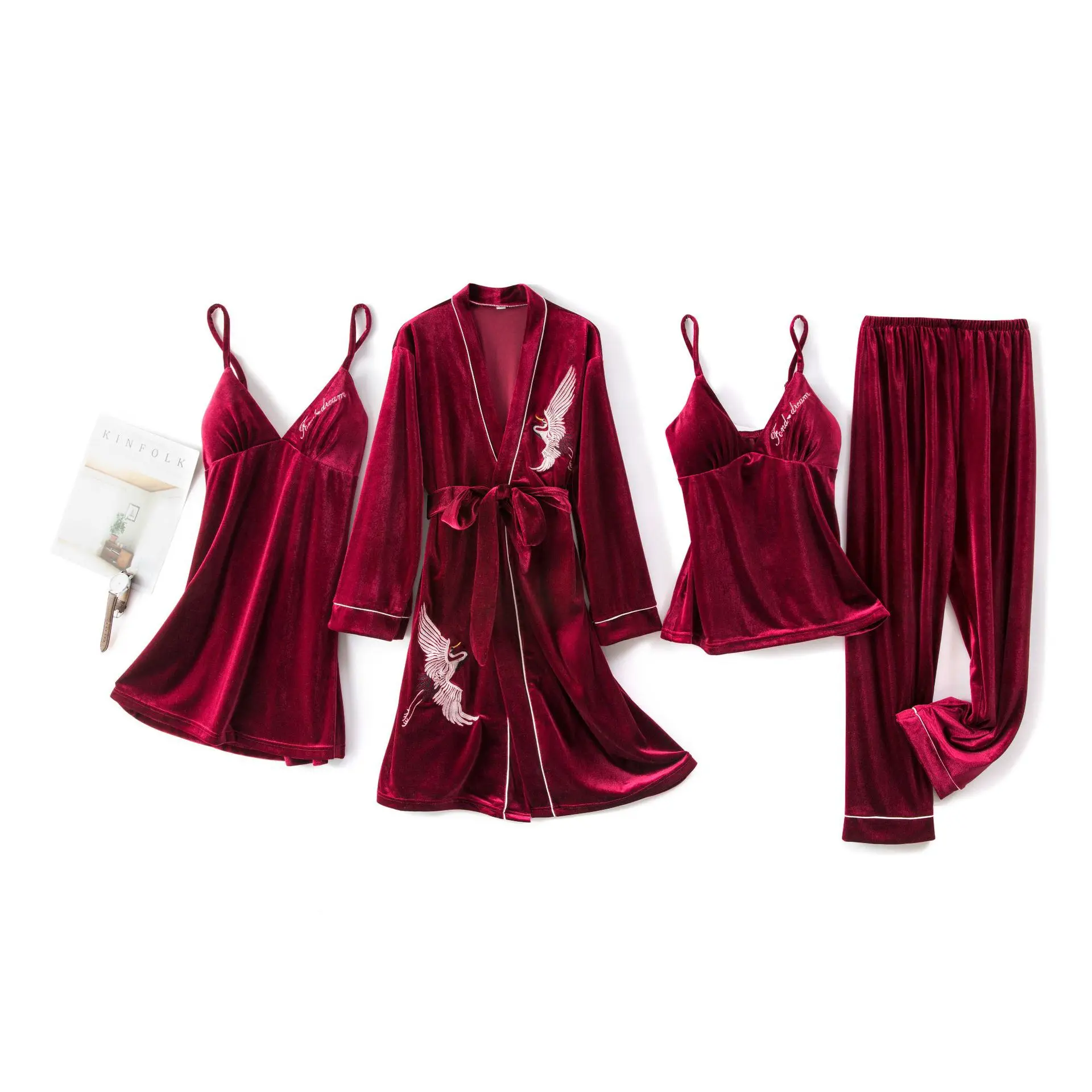 

JULY'S SONG 4 Pieces Elegant Pajamas Embroidery Gold Velvet Sleepwear For Women Sexy V Neck Strap Sling Homewear With Chest Pad, Burgundy;navy blue;gray;pink