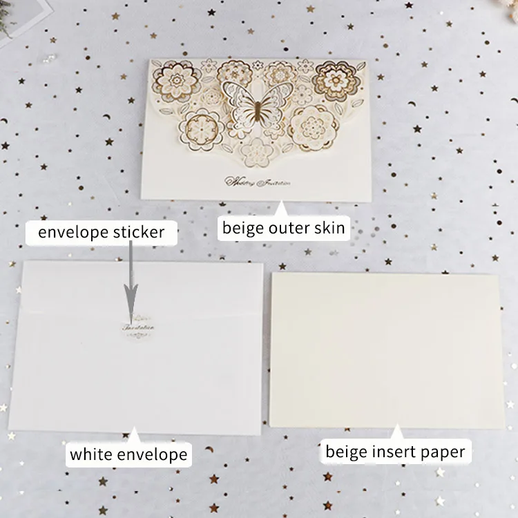 
Beige new design 3D butterfly laser cut card wedding invitation with envelope 