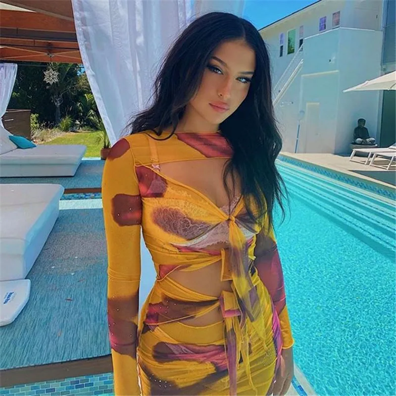 

Cut out hole Bodycon casual club dresses sexy see-through bandage mesh print mini women dress skinny streetwear, As pics