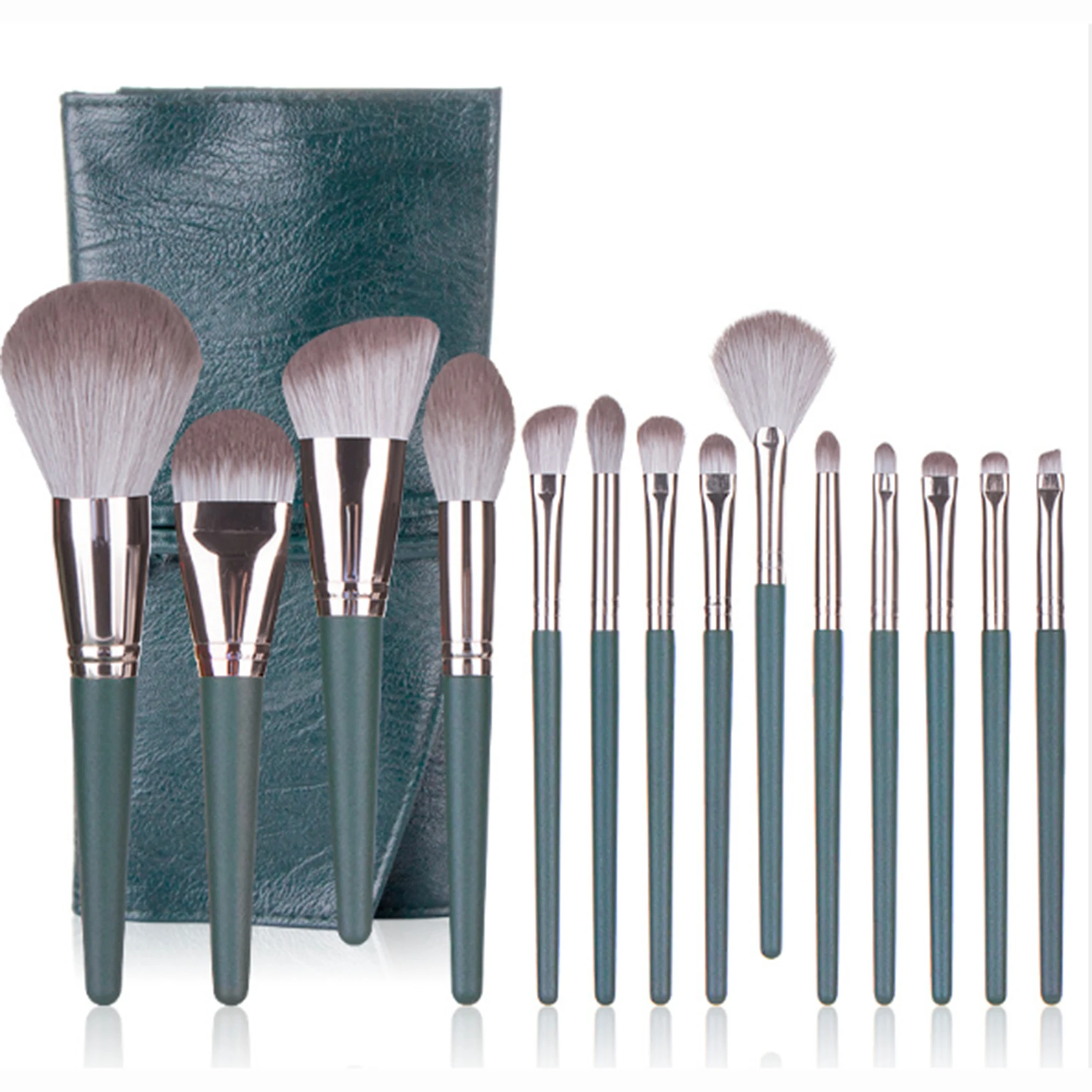 

14pcs green makeup brush set with PU bag 258g with bag brochas maquillajes edge control brush synthetic fibre make up brushes