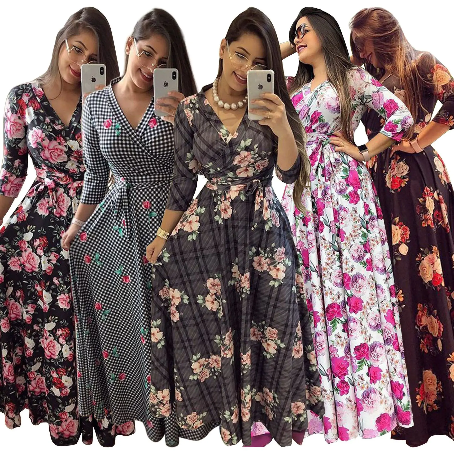 

Woman long sleeve maxi dress beachwear boho tunic vestidos autumn floral print maxi dress fashionable flower long dress