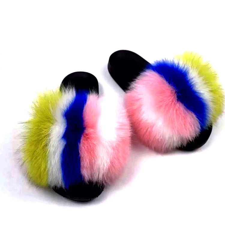

Mixed Colors Fashionable Sandals Fur Slides Custom Logo Fox Fur Furry Slippers for women, Multi color single color