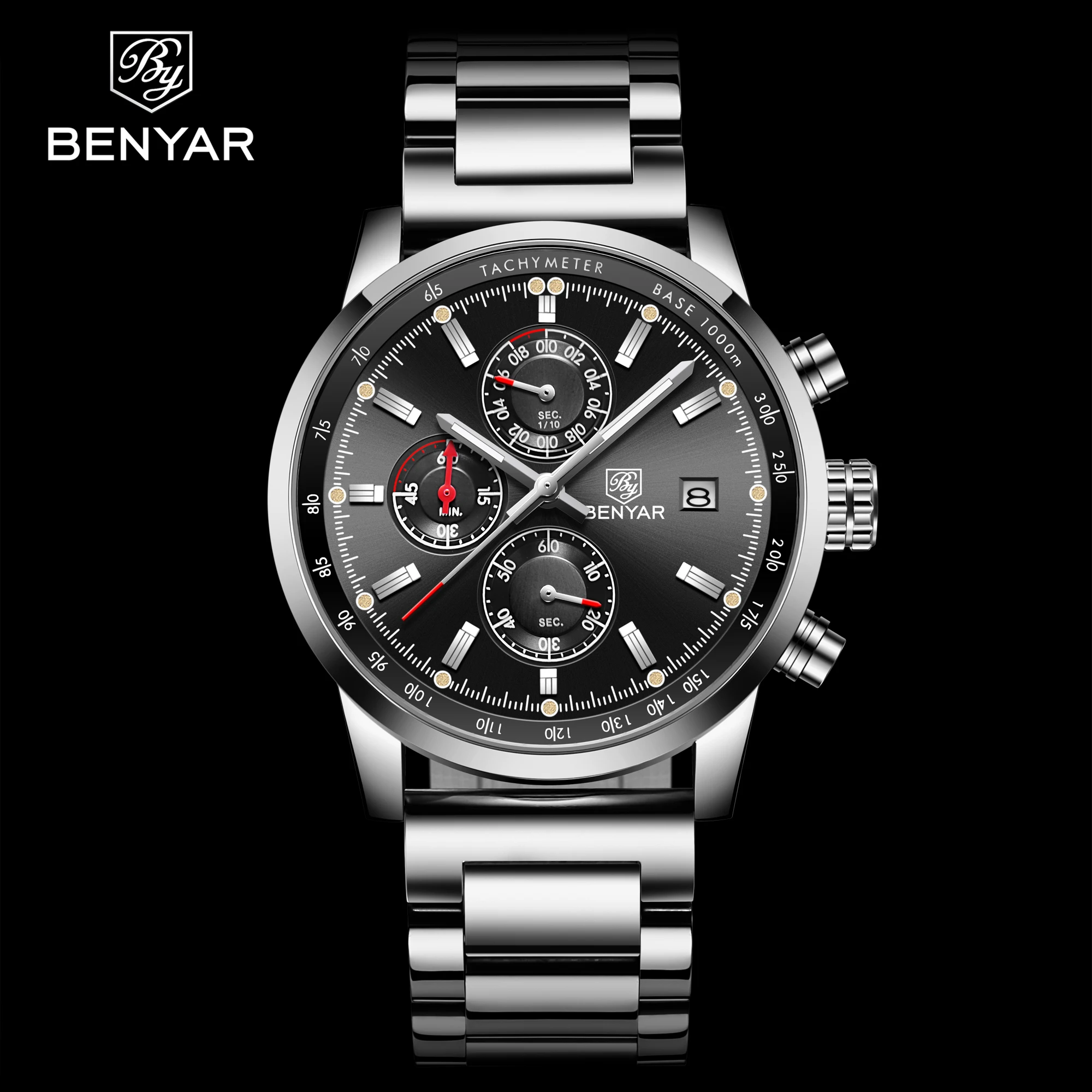 

Benyar 5102 hot sell silver mens quartz watch low cost steel Strap 3 dials date display character Casual watch design