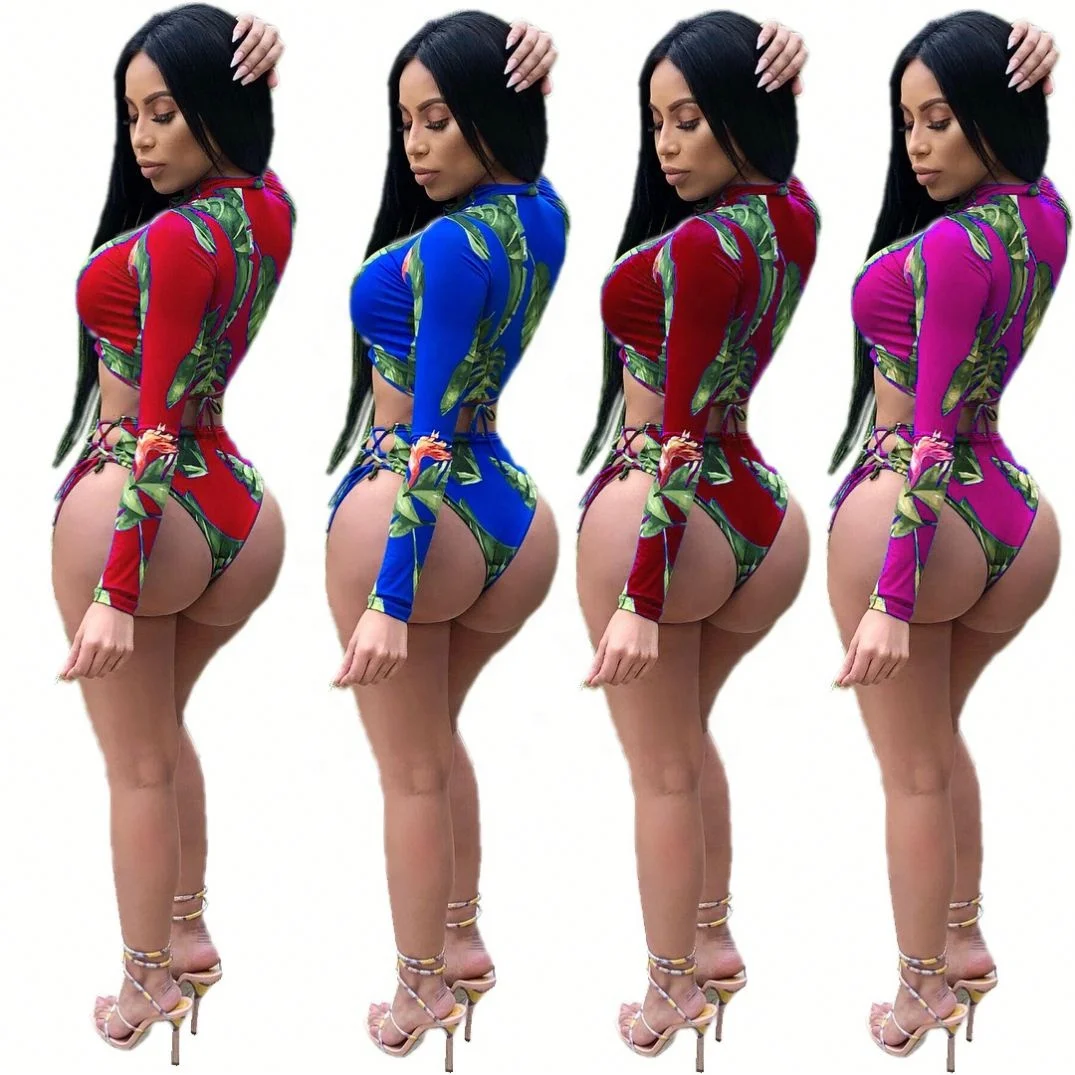 

Crop Tops Long Sleeve Swimwear Women 2 Piece Set, Blue/red/wine red/rose red