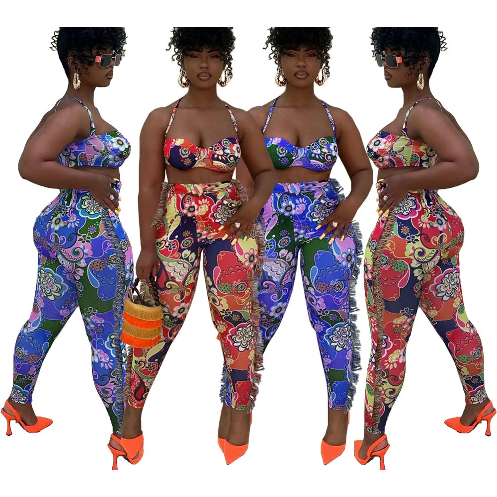 

FS4578D Hipster Two Piece Set Women floral prints tops Fashion tassels pants outfits