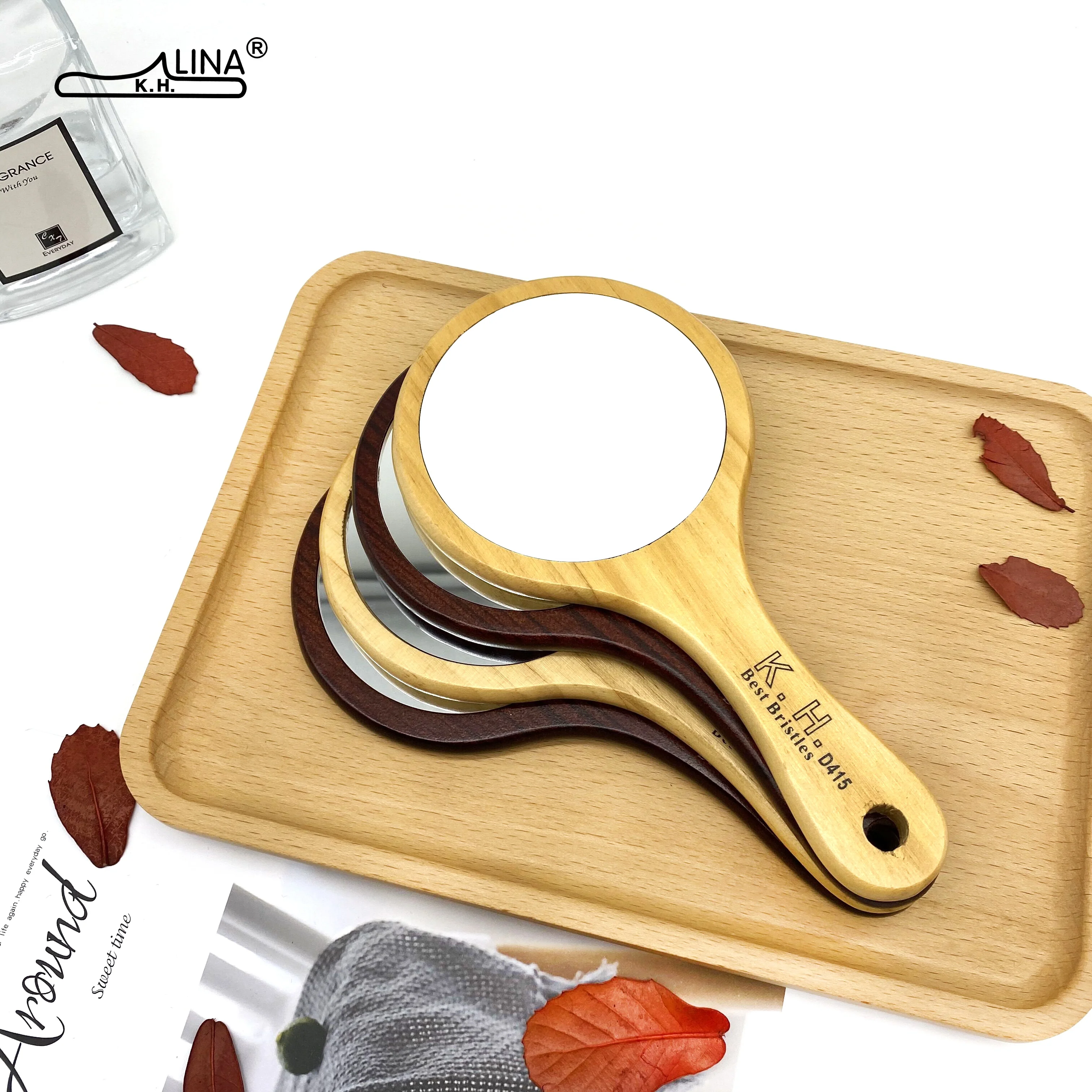 

Private Label Customized Logo round wooden light mirror mini-size portable single side handheld mirror