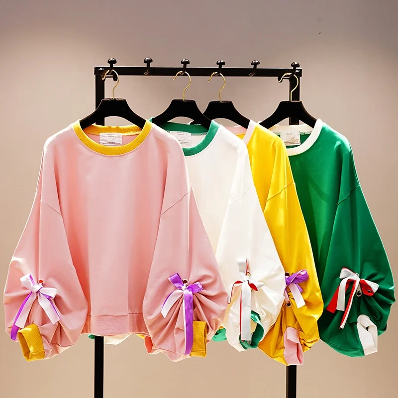 

China Factory Wholesale Cotton Hoodie French Terry Crewneck Lace-up Bow Pullover Oversized Plain Sweatshirt Women Pullovers