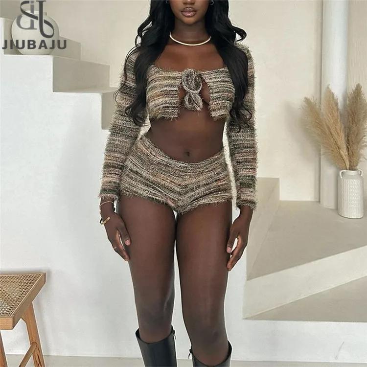 Colorful Striped Knitted 2 Piece Sets Women Sexy Long Sleeve Tie-Up Sweater and Tight Shorts Matching Outfits