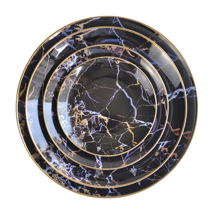 Gold rim marble dinner plate sets, restaurant bone china ceramic dinnerware set