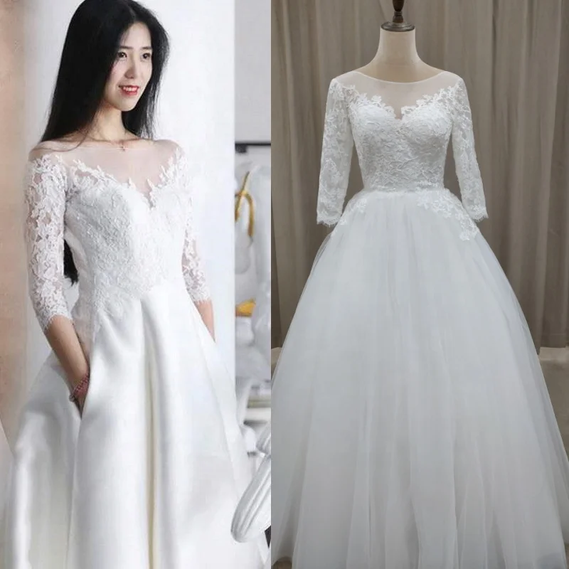 

#3143 100% Real Photos Special Design 3/4 Long Sleeve Lace Ivory Lace-up O-Neck Floor Length Bridal Gown Wedding Dress