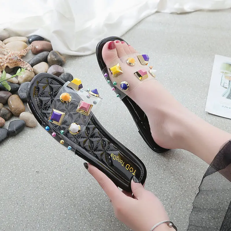 

Summer New Design Fashion Sandals Flat Diamond Shoes Transparent One Word Slipper Outdoor Slippers, Green/pink/ivory/black