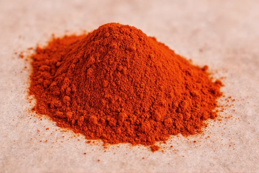 Close-up of cayenne pepper flakes and powder showing vibrant red color