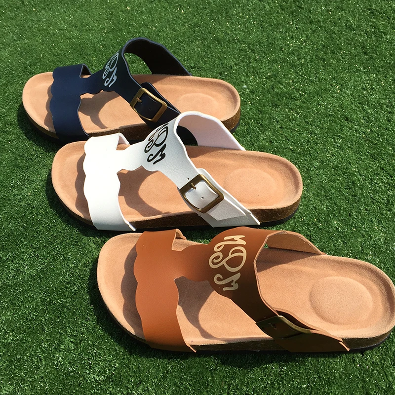 

Women Cork Beach Slippers Wholesale In Stock Personalized Adjustable Strap PU Leather Monogram Women Sandals, Brown, black, white