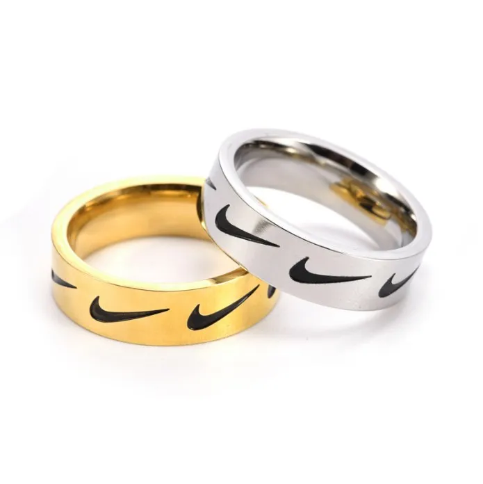 

Custom Silver Titanium Steel Black Enamel Inspired Repeat Swoosh Tick Rings
