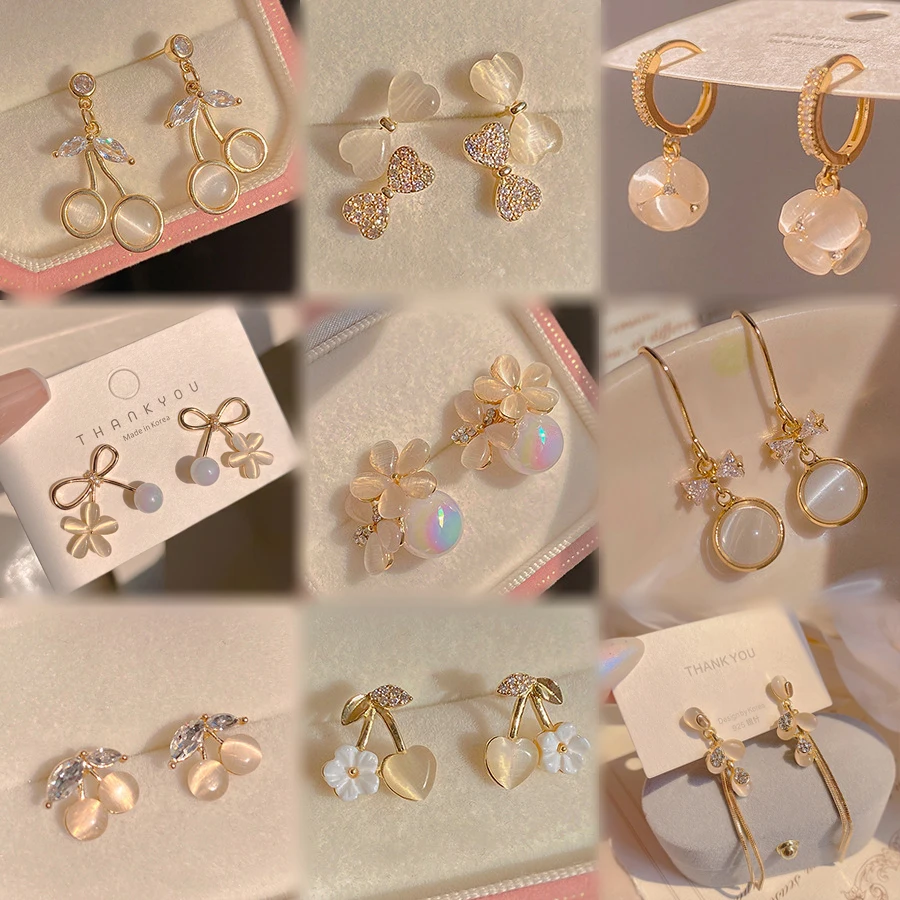 

Korean 925 Silver Needle Opal Stone Earrings Exquisite Butterfly Flower Heart Stud Earrings Women Fashion Jewelry