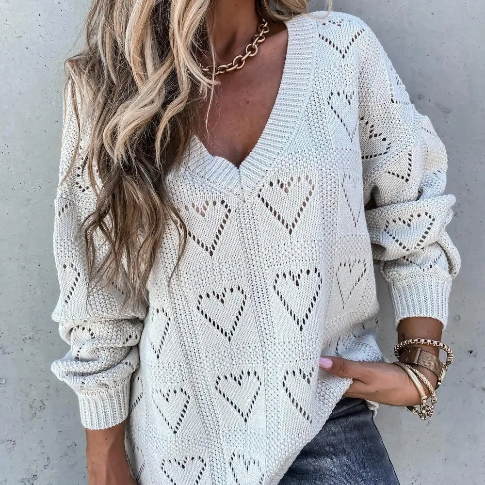 

2020 women's sweater V-neck heart-shaped hollow loose knitted sweater ladies loose knitted sweater, Picture