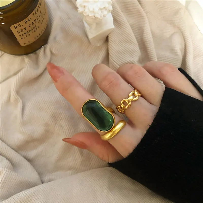 

Wholesale luxury  gold plated gem green stone jade opal ruby emerald ring gemstone jewelry chunky women turkish cuban