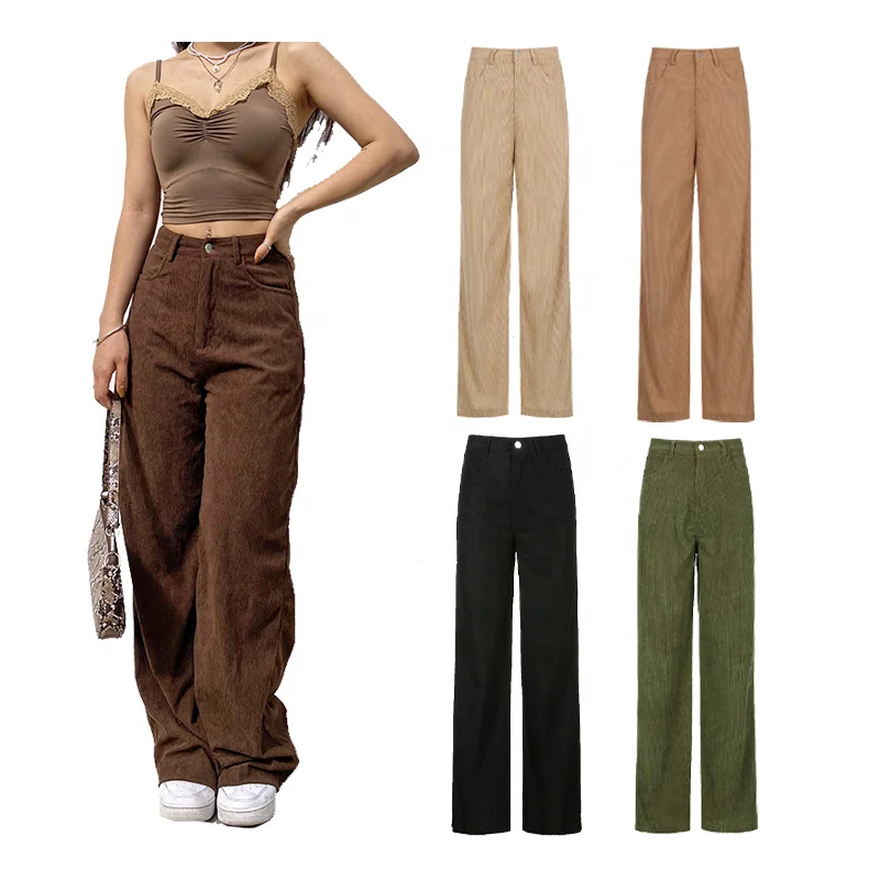 

Women Vintage 90S Patched Fashion Corduroy High Waist Trousers Straight Long Pants, Available