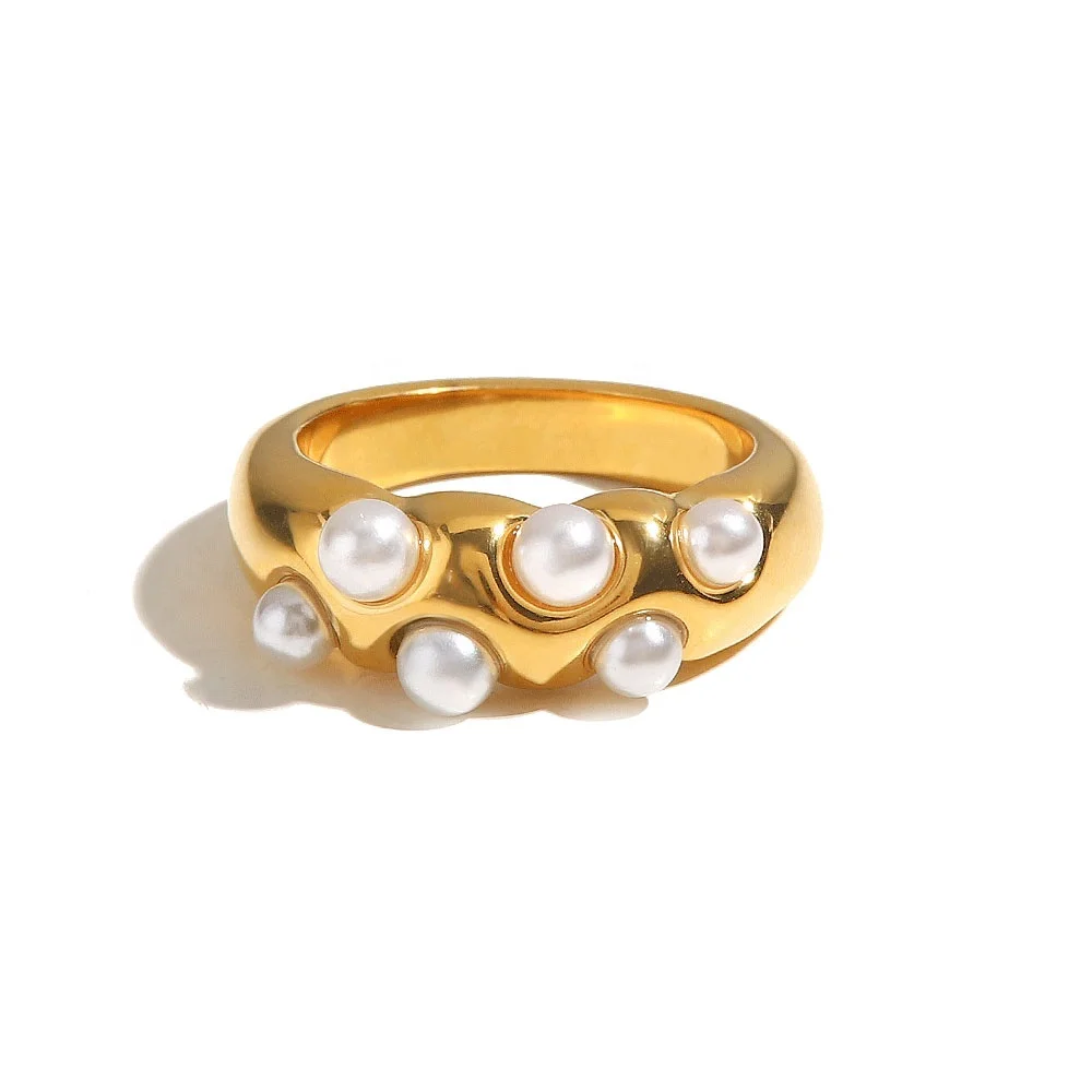 French Luxury Undulating Band Pearl Hypoallergenic 18K Gold Plated  Stainless Steel Band Rings