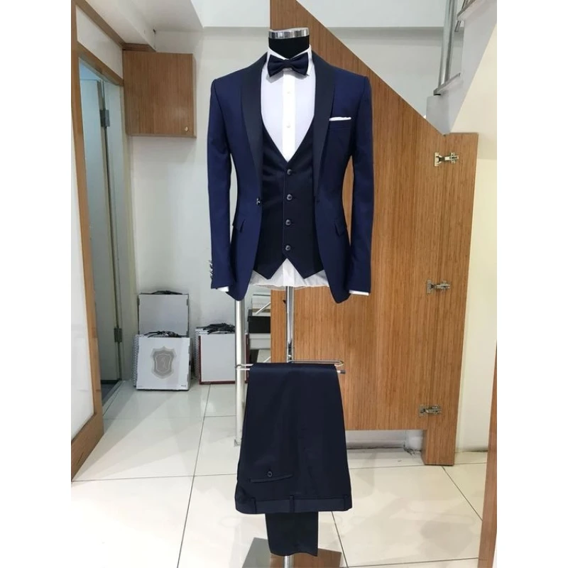 

Navy Blue Italian Men Suits For Wedding Slim Fit Groom Tuxedos Party Prom Blazer 3 Pieces Formal Suits Ternos Masculino, Same as picture/custom made