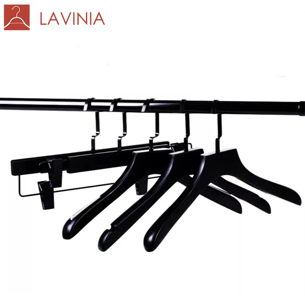 

New arrival fashion boutique anti-slip black wood plastic coat hanger customized black wooden hangers for clothing store