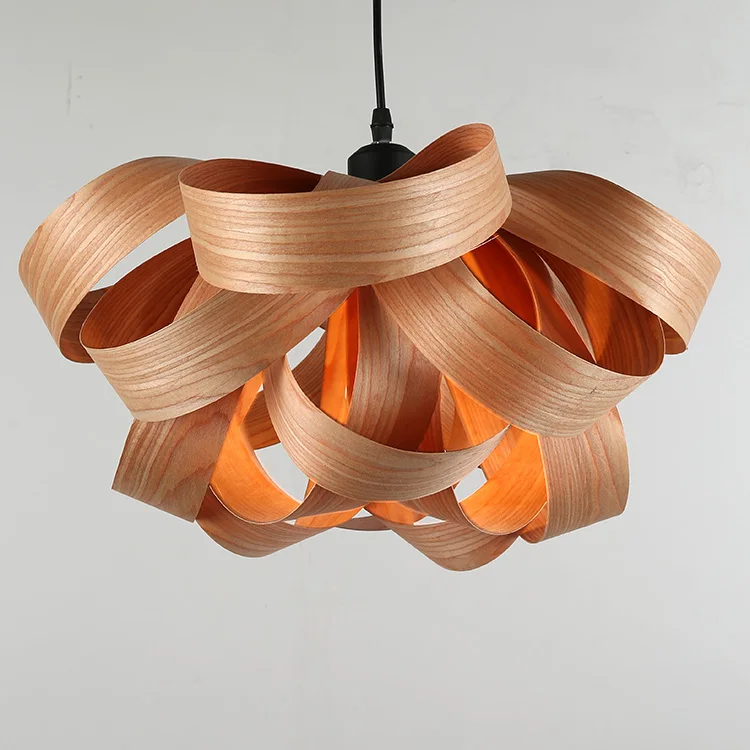 Handmade natural oak cherry  curvy wooden veneer rattan bamboo weaving chandelier pendant light