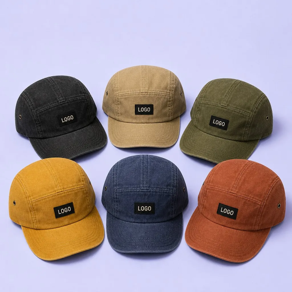6-Colorway Vintage Washed 5-Panel Cap Matrix: Washed Black, Sand Khaki, Olive, Mustard, Denim Blue, and Rust Terracotta