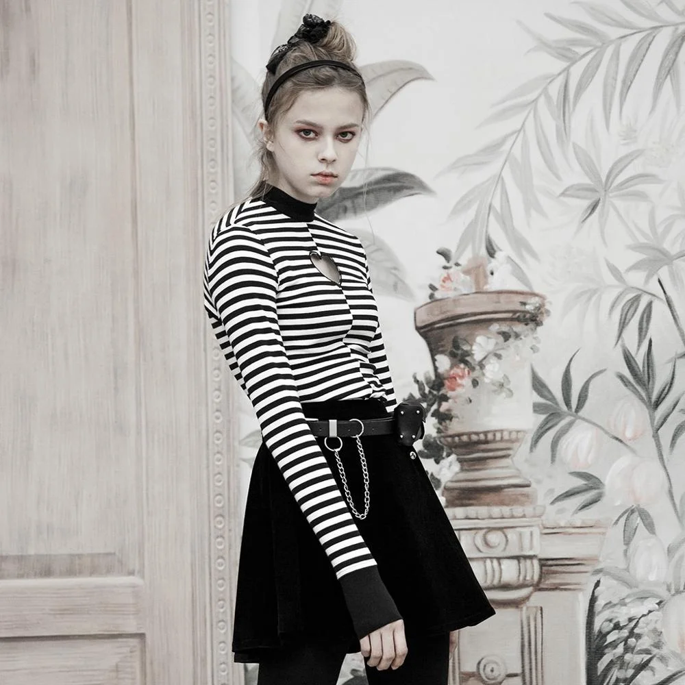 
OPT-280 PUNKRAVE vertical collar love hollowed tight T-shirt black white long sleeve factory shirt 