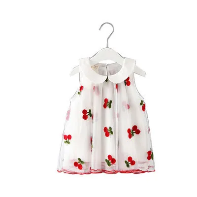 

Kids Baby Girl Sweet Tutu Dress Baby Summer Clothes Girl Peter Pan Collar Cherry Pattern Sleeveless Boutique Clothing Dress, White