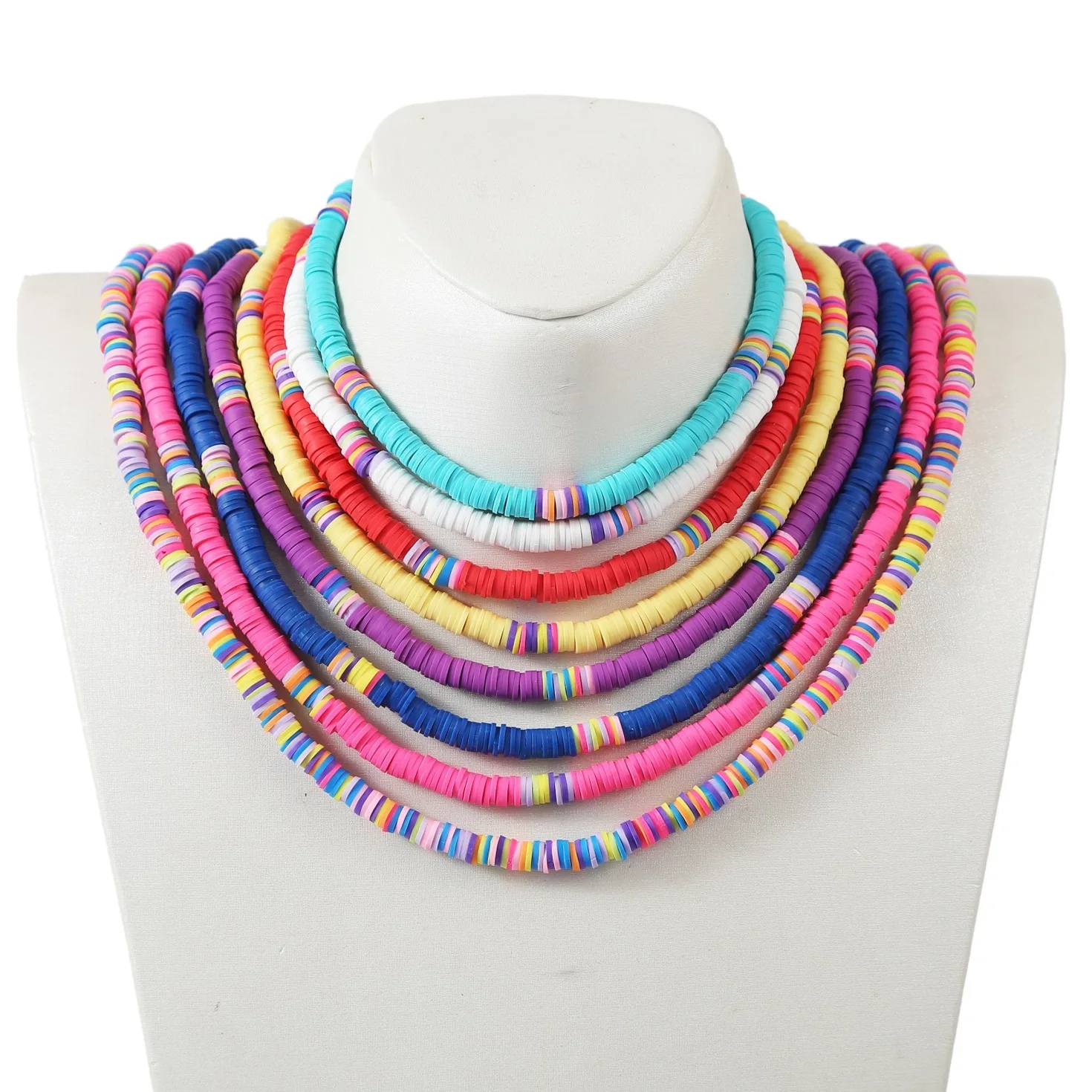 

Boho Ethnic Multicolor 6mm Soft Pottery Beads Clavicle Necklace Elastic Adjustable Colored Polymer Clay Choker Necklace