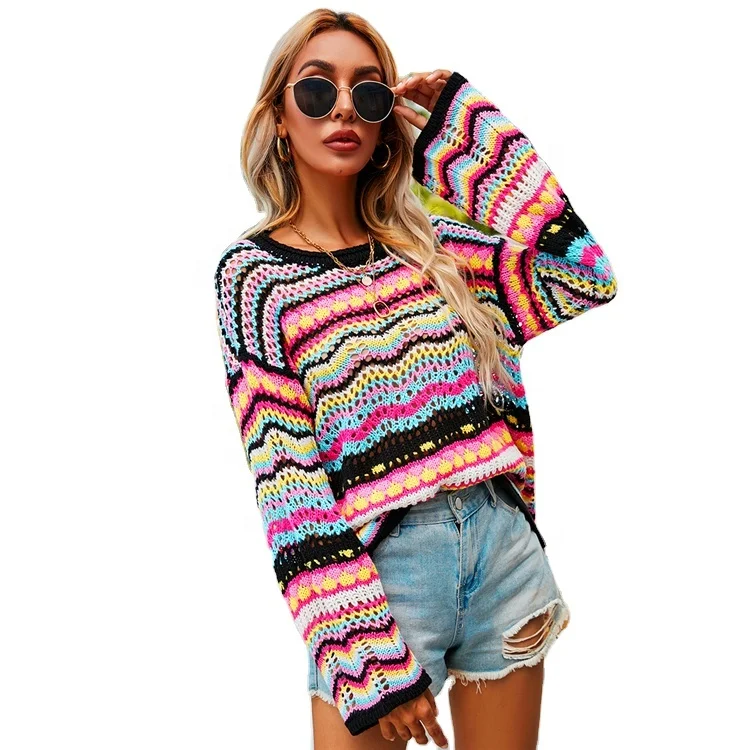 

2021 New women patchwork pullover style rainbow sweater loose jumpers woman striped sweater
