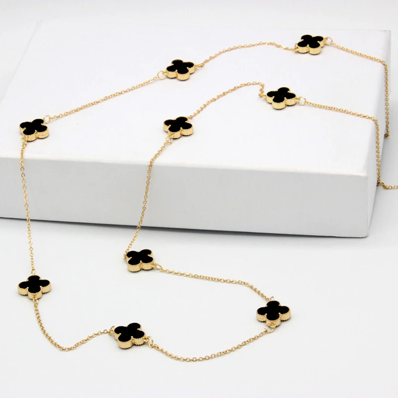 

Ready to ship gold plated brand four leaf clover necklace jewelry super long black clover necklace for women