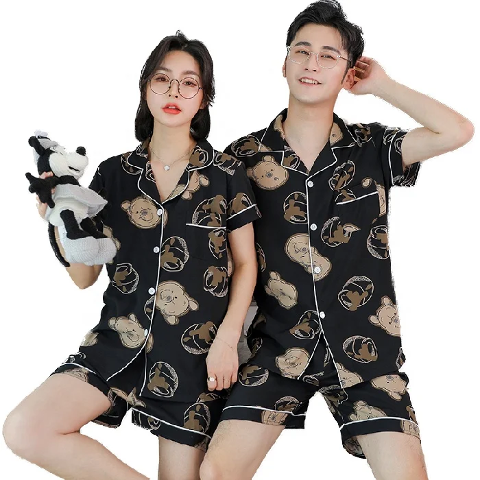 

Wholesale New Silk Pajamas Short Sleeve Shorts Two Piece Couple Home Clothes, Picture color