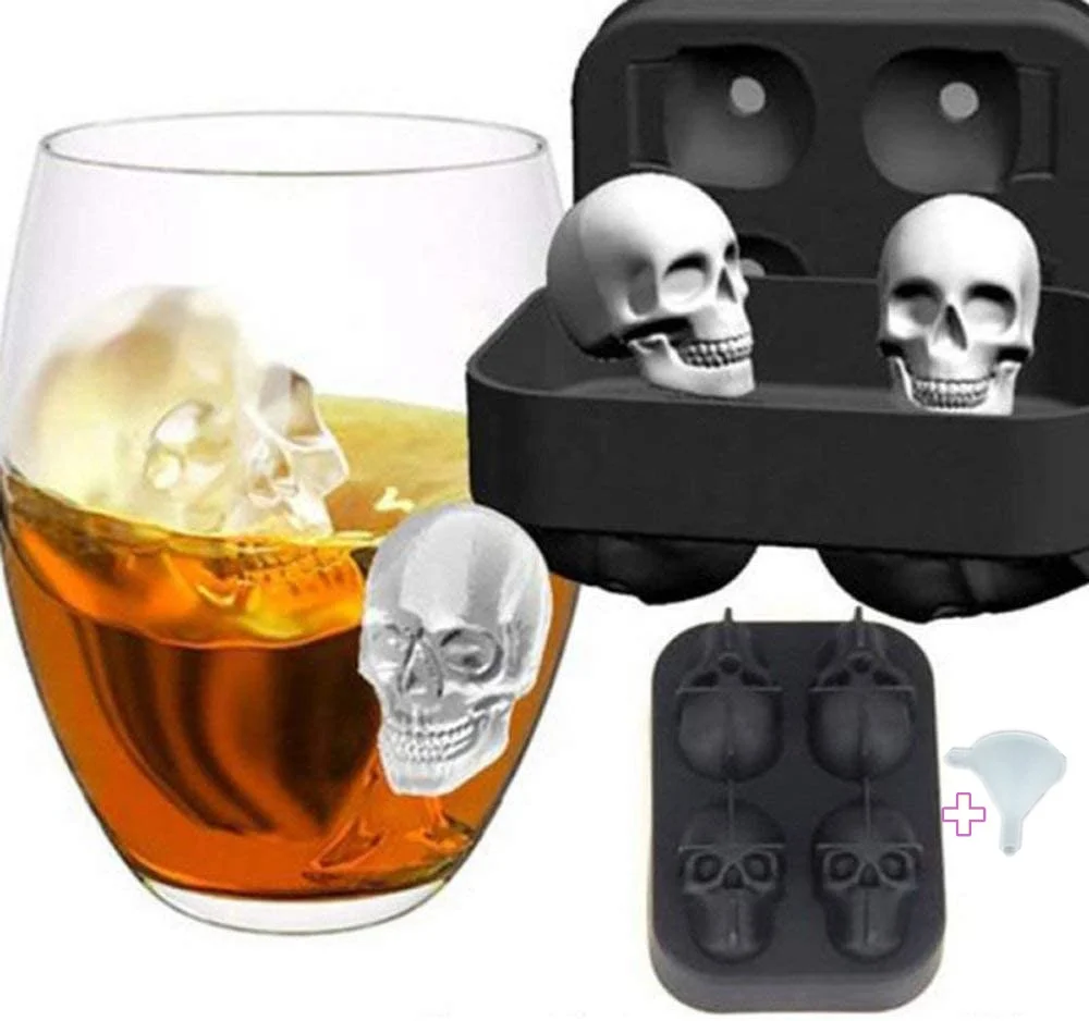 

Mould silicone beverage 4 cup whiskey 3d skull shape ice cubs mold With a funnel set, Black