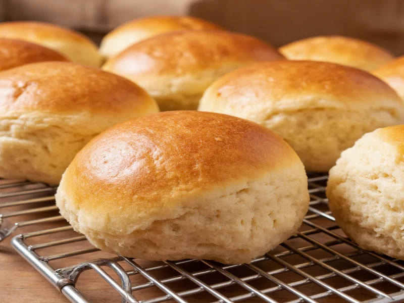 Homemade yeast rolls cooling on wire rack