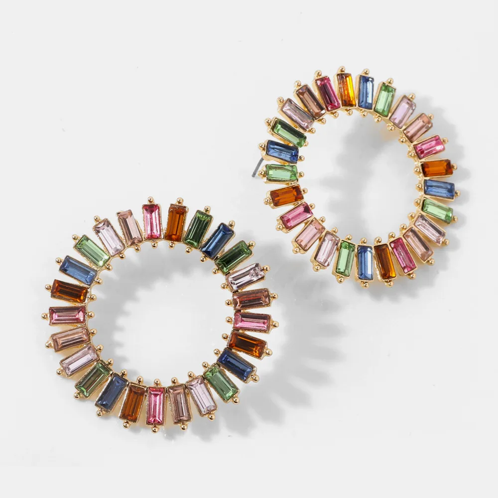 

Rainbow Round Stud Earrings For Women And Girls Colorful Rhinestone Statement Earrings New Trendy Jewelry Accessories Wholesale