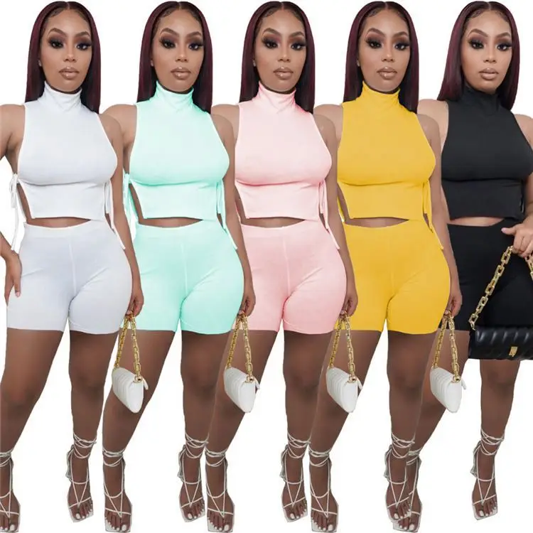 

OSINA Newest Design Stand Collar Side Open Bandage Crop Top Solid Color Women Summer Two Piece Set Shorts Outfits