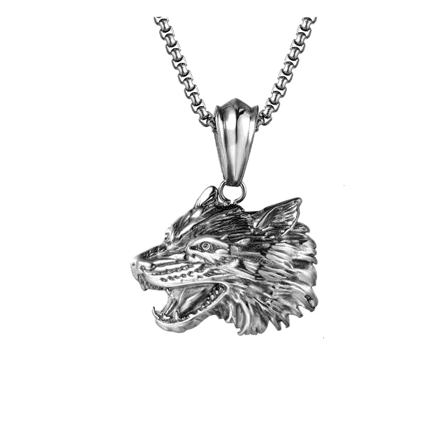 

Fashion Wolf Necklace Silver Plated Box Chain Hip Hop Punk Necklace Polished Angry 3D Wolf Head Animal Pendant Necklace Men