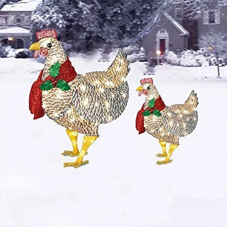 

2021 stock Christmas decoration Light-Up metal Chicken with Scarf Holiday Decoration for Garden Decoration