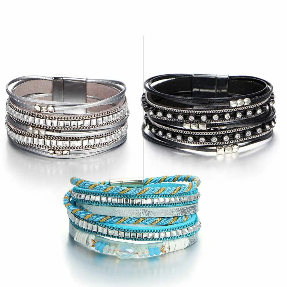 

Fashion Leather Magnetic Bracelet for Female Magnet Buckle Leather Bangle Women Jewelry Hot Selling 3 colors