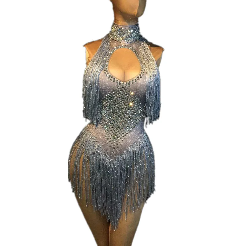 

Sexy Rhinestone Tassel Leotard Womens Costumes Club Latin Dance Wear Stretch Singer Party Bodysuit Performance Stage Costumes, Gold, silver, blue , pink , red , green , mint