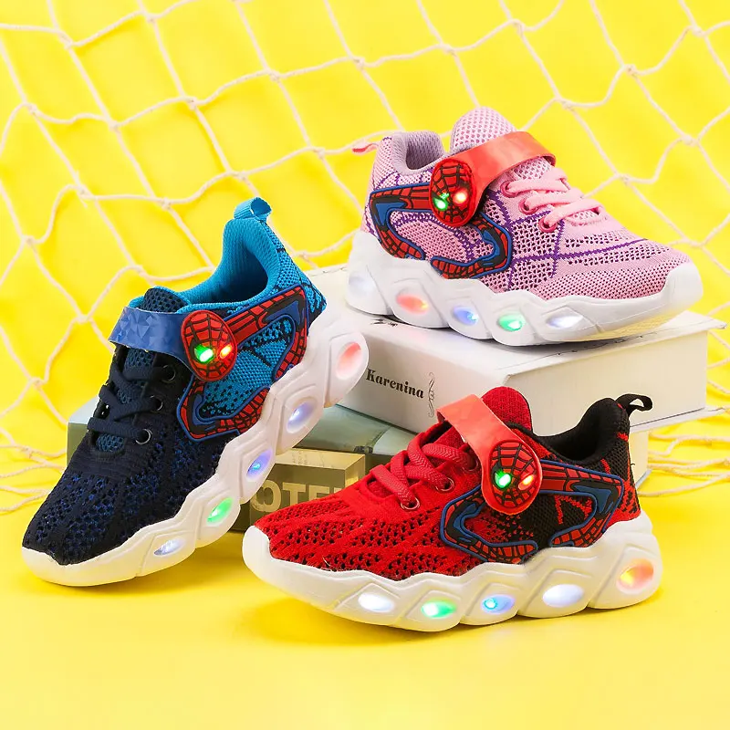

Breathable net fabric Children's induction light shoes Spiderman sports shoes running shoes, Pink, green, dark blue-orange