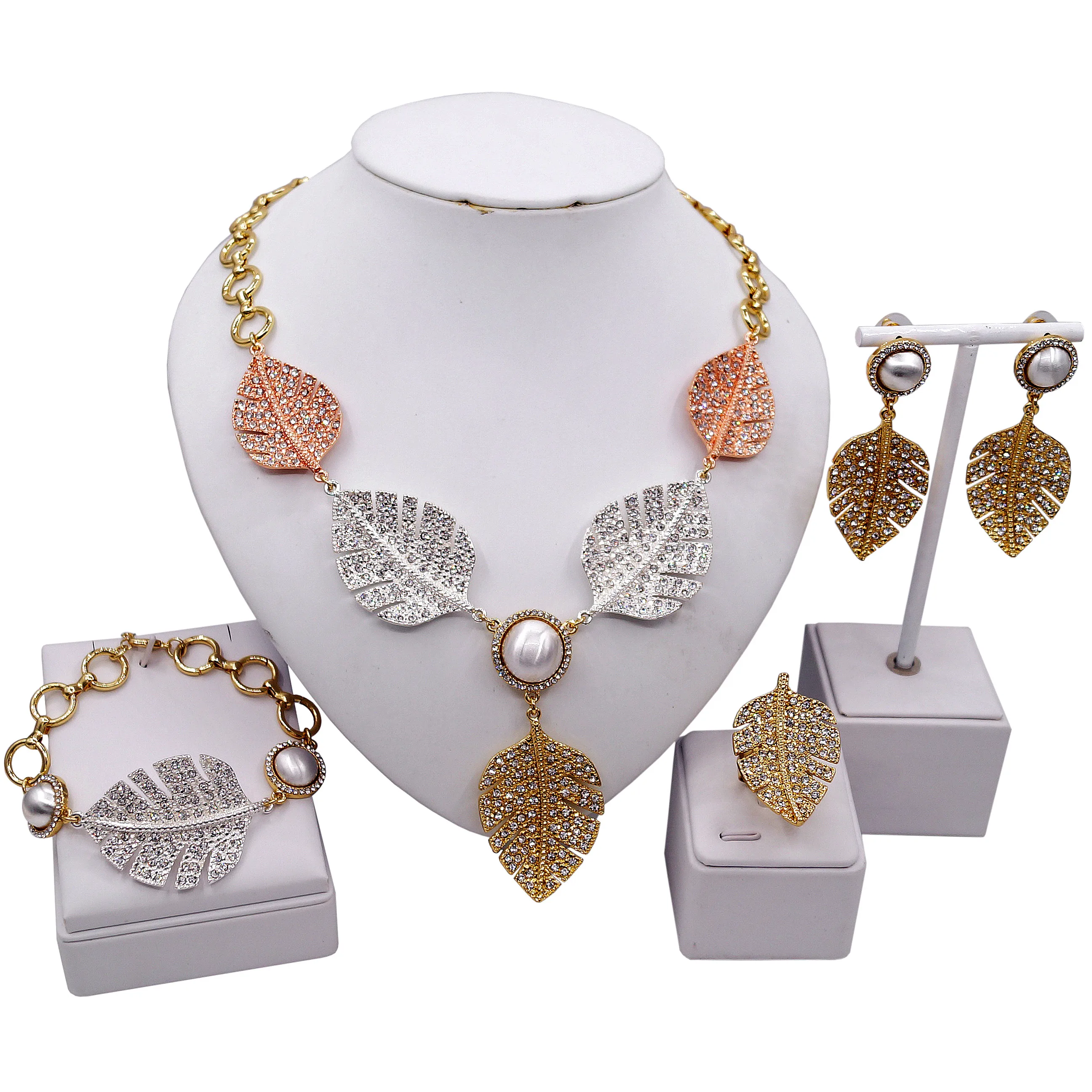 

Latest Style Brazil Gold Exaggerated Leaf Shape Copper Necklace Sets American Women 18K Gold Plating Party Wedding Jewelry Set