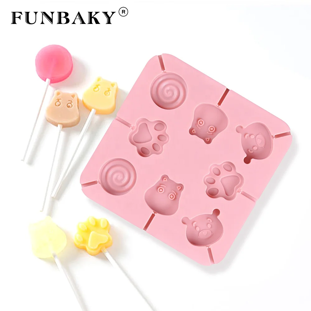 

FUNBAKY JSC0705 Durable food grade candy making tools bear paw claw hippo round shape lollipop silicone mold homemade mould, Customized color