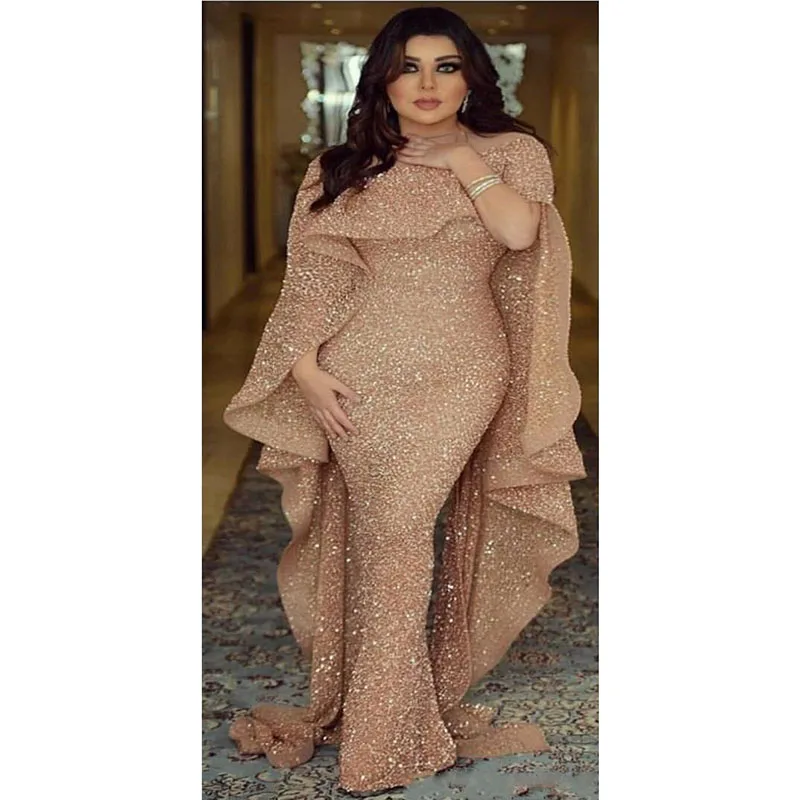

2021 Hot Selling Glitter Shawl Sequin Rose Gold Long Sleeve Luxury Formal Prom Party Gown Mermaid Prom Dress Evening Dress, Picture