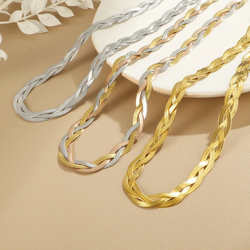 Wholesale 18K GOLD PLATED Collier Pour Femme Stainless Steel Jewelry Braided Herringbone Chain Woven Blade Necklace for Women
