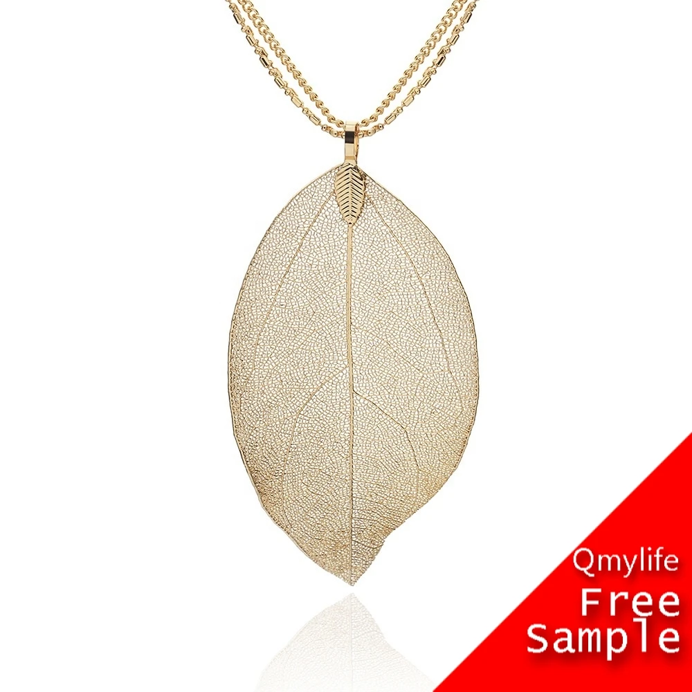Qmylife Gold Color Natural Leaf Pendant Link Chain Necklace for Women Jewelry