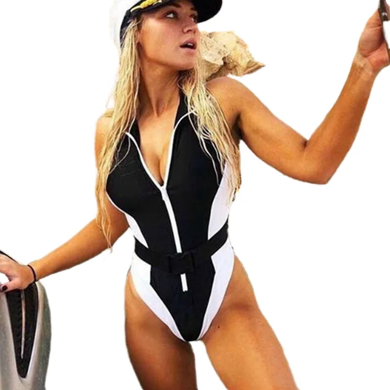 

Sexy Zipper One Piece Swimsuit Women Patchwork Monokini Belt Swimming Suit Slim Bodysuit 2021 Bathing Suit