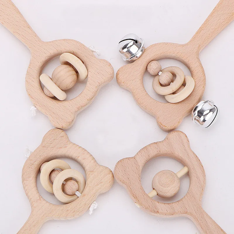 

Organic Wood Rattle Natural Wooden Animal Shape Chewable Wood Ring Toddlers Teething Toys