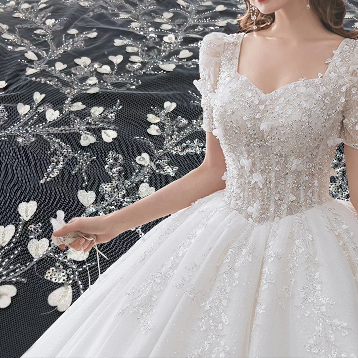 

Tela de encaje con cuentas bridal crystal sequin 3D satin flower luxury heavy beaded lace fabric